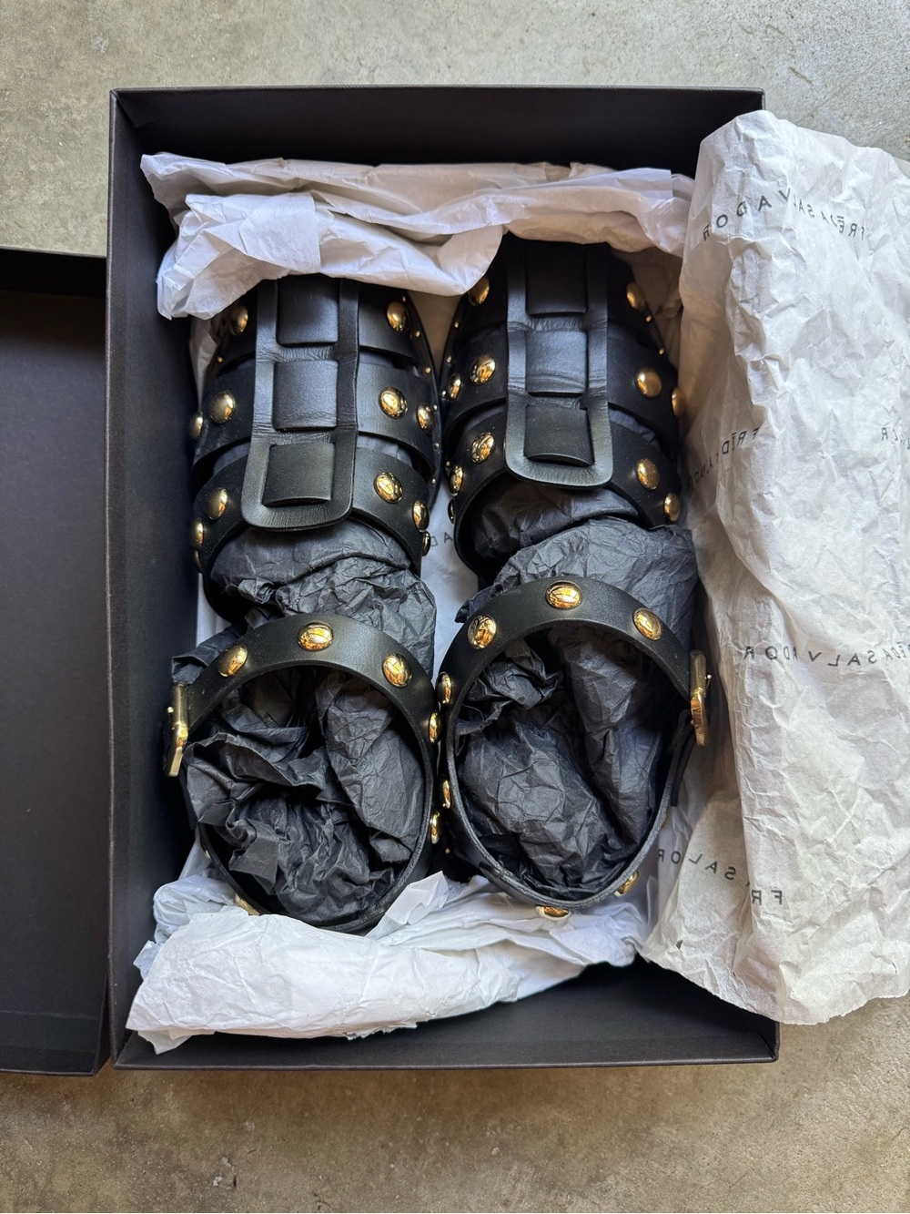 Freda Salvador Sera Fisherman Sandal, Black Calf w/Gold Studs, 7.5